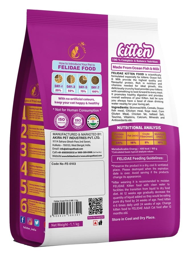 Akira FELIDAE Kitten |No by Products |Real Ocean Fish | Fresh Ingredients | All Breed Cat Food |Complete Balanced Food| (Ocean Fish & Milk) 1.1KG - Image 2